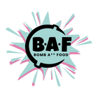 B.A.F. Bombs logo with aqua and pink splat and Bomb A** Food in Poppins Bold