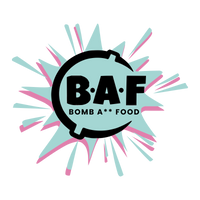 B.A.F. Bombs logo with aqua and pink splat and Bomb A** Food in Poppins Bold