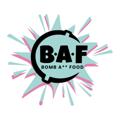 B.A.F. Bombs aqua and pink logo on white with Bomb A** Food in Poppins Bold