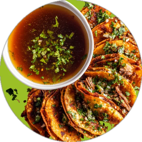 Birria tacos and consommé made with the Birria B.A.F. Bomb