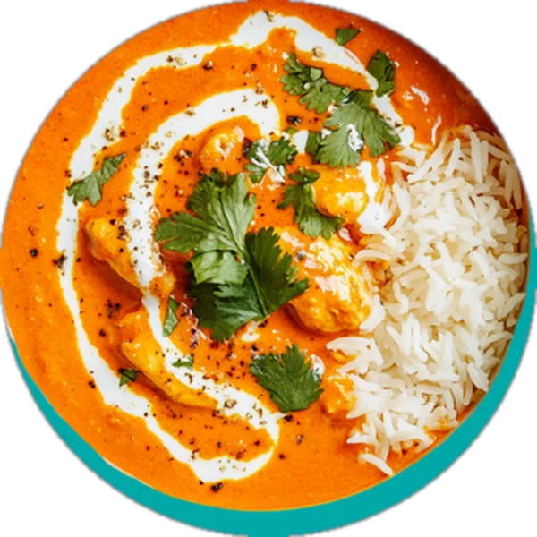 Butter chicken over basmati rice made with the Butter Chicken B.A.F. Bomb