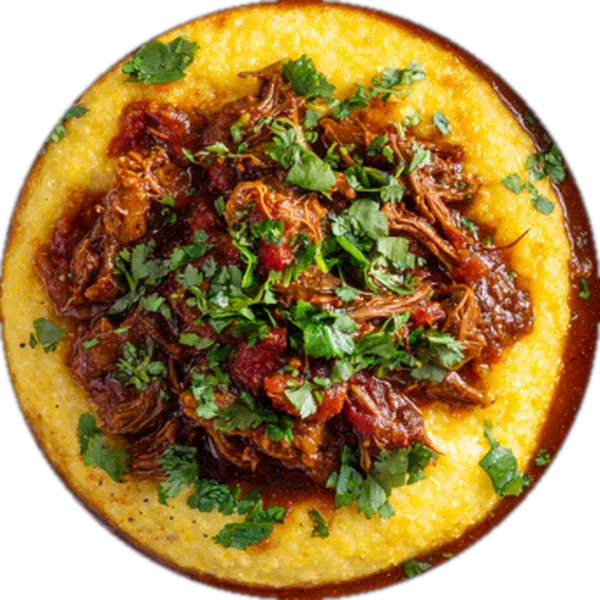 Chile colorado beef over polenta made with the Chile Colorado B.A.F. Bomb