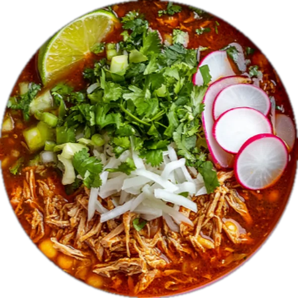 Red pozole with radish, cabbage and lime made with the Pozole B.A.F. Bomb